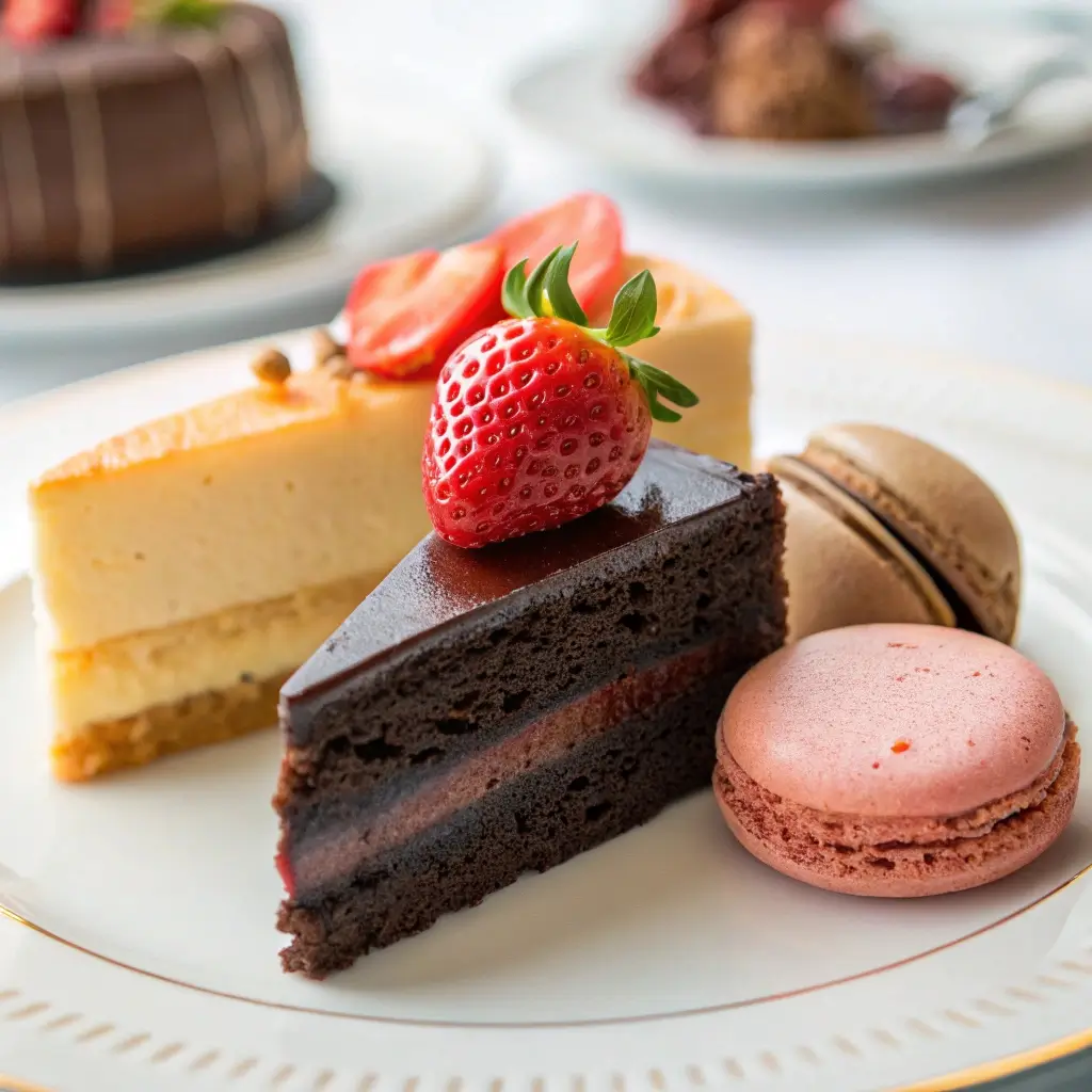 Close-up of assorted desserts including chocolate cake, macaron, and strawberry cheesecake on a white plate, softly lit and styled for a dessert category thumbnail.