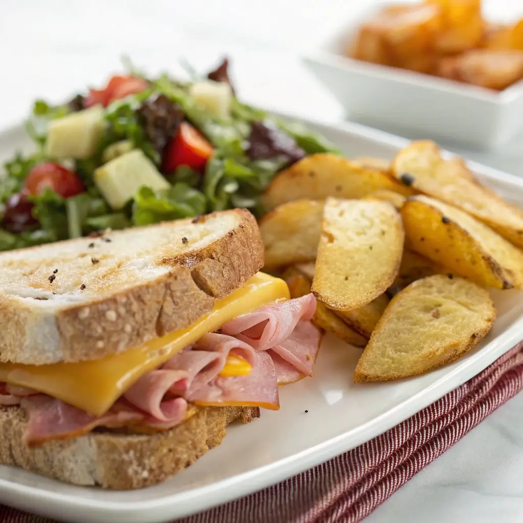 Close-up of a homemade lunch plate with a sandwich, salad, and potato wedges on a white background, styled for a lunch category thumbnail.

