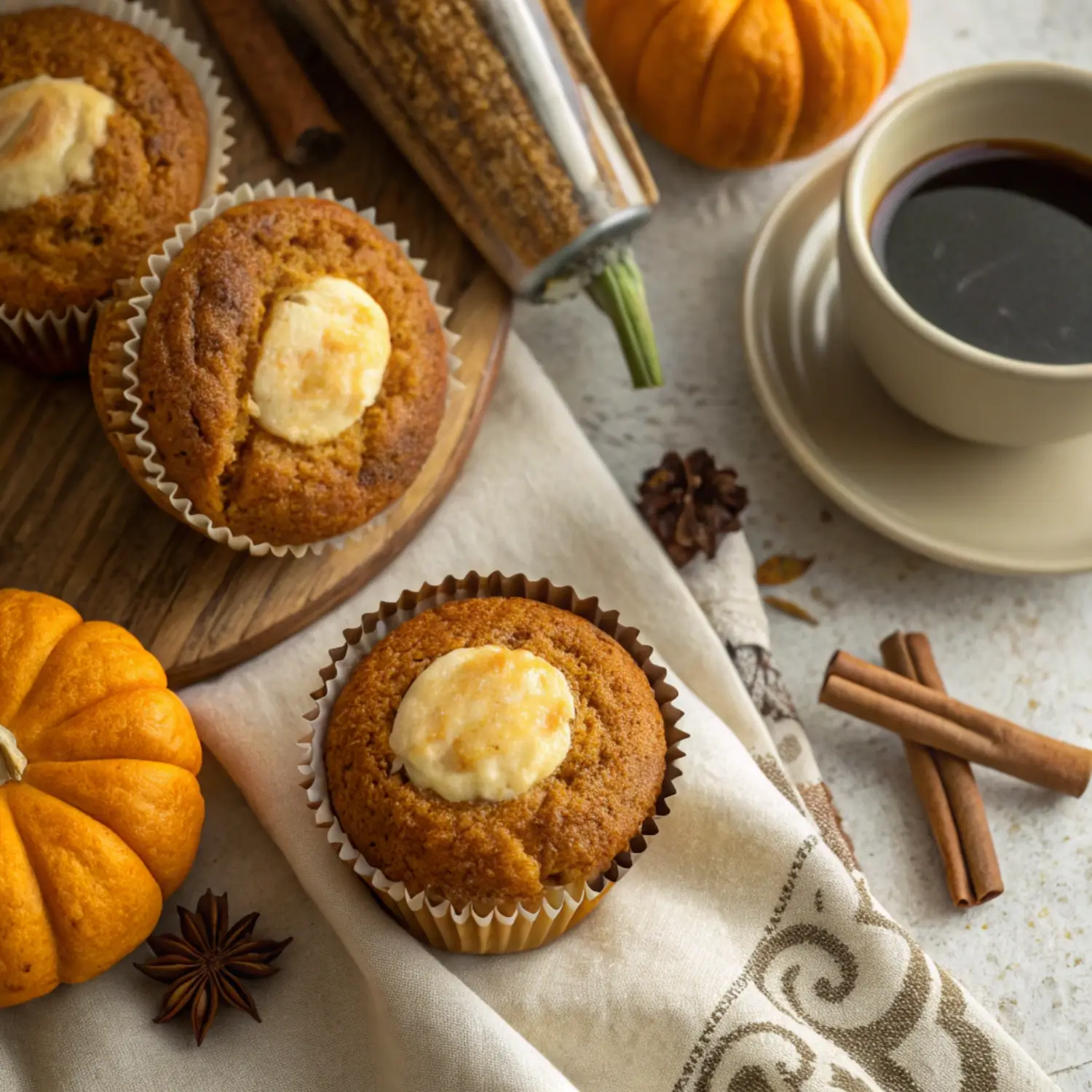 Moist Pumpkin Muffins with a Cheesecake Heart 🤎✨
